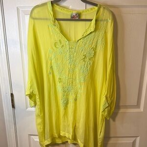 Johnny Was Yellow Embroidered Sheer V-Neck Tunic